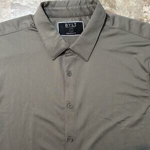 BYLT Shirt Mens Large Brown Short Sleeve Button Executive Fit Stretch Casual
